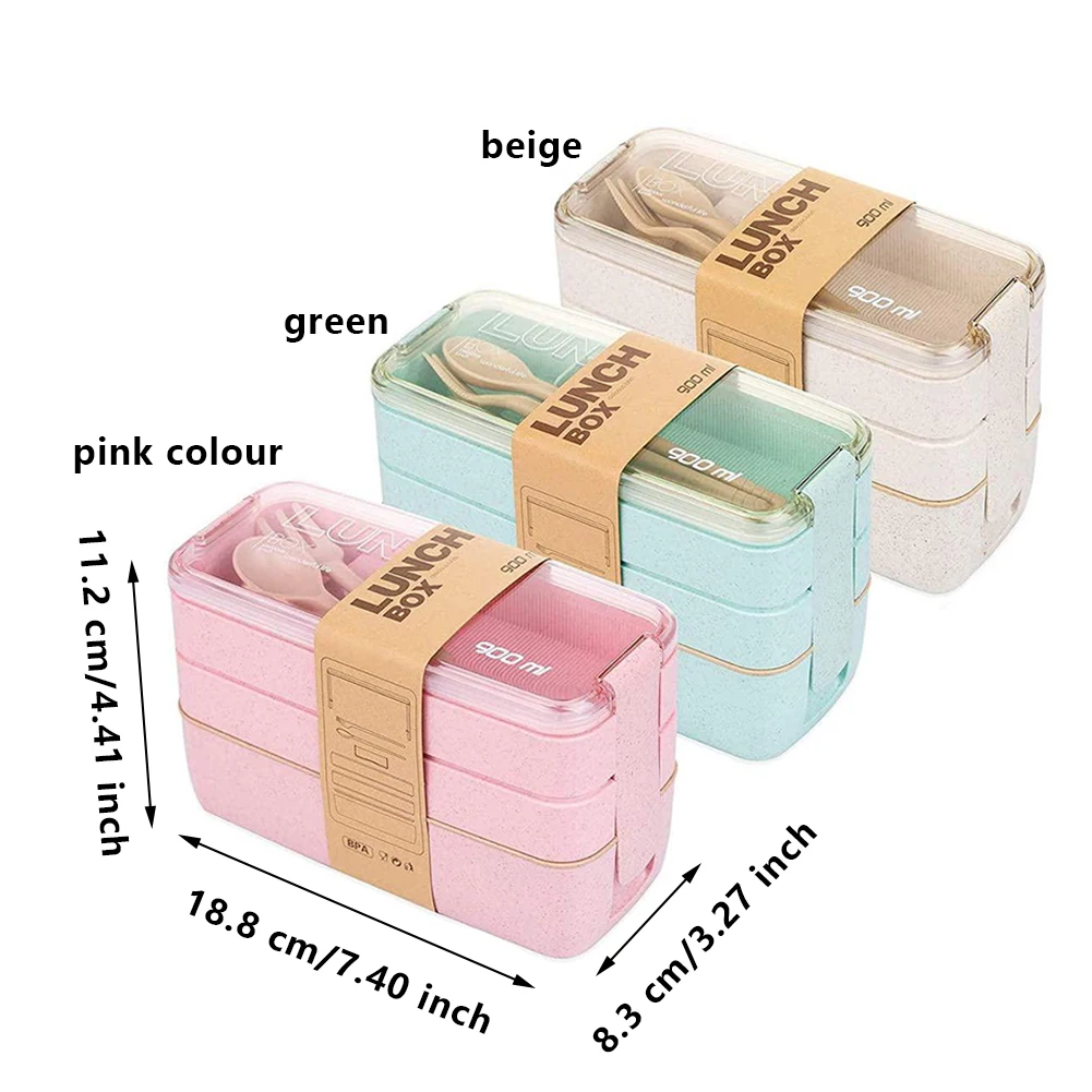 

Bento box Insulated kids Student food container Wheat Straw Material Leak-Proof Square 3 Compartments lunch box with Fork Spoon