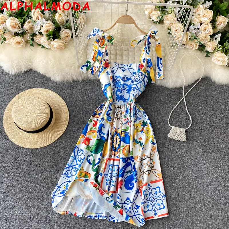 

ALPHALMODA 2021 Floral Print Strap Dress Women Sweet Lace Suspender Summer Dress Ladies Fashion Beach Holiday Resort Dress
