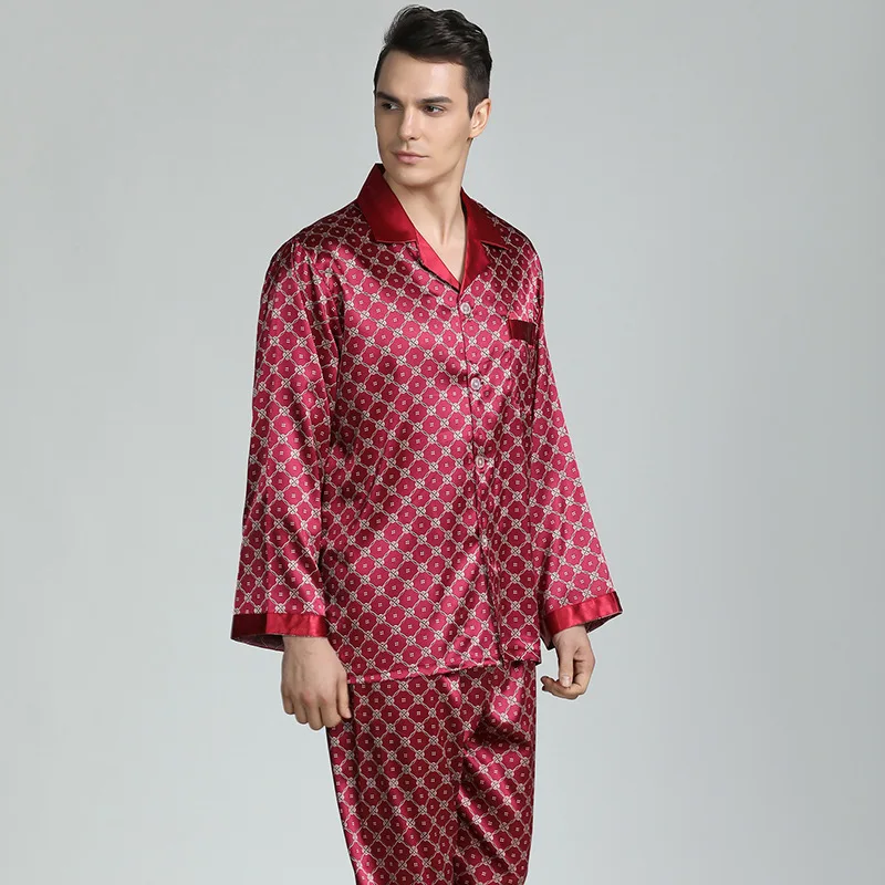Silk Pajamas for Men Sleepwear V-collar Cozy Soft  long sleeve nightgown Tops + Trousers Two Pieces Mens Pajama Set Pajamas Men