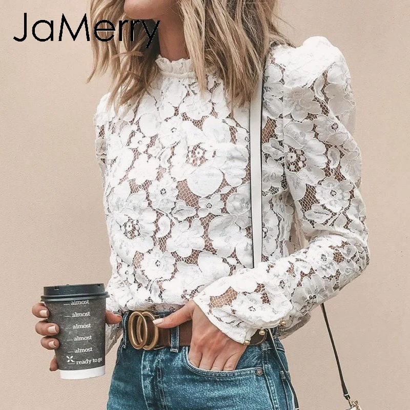 Женская винтажная кружевная блузка JaMerry элегантная белая Просвечивающая офисная