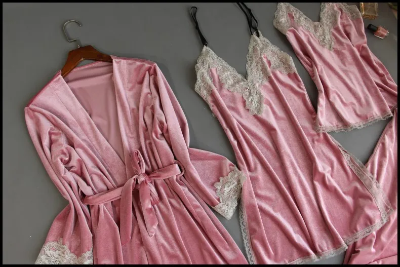 

Autumn Velvet Sleepwear Female Nightwear Home Suit 4PCS Sexy Lingerie Pajamas Set Women Robe Sets Sleep Tops z