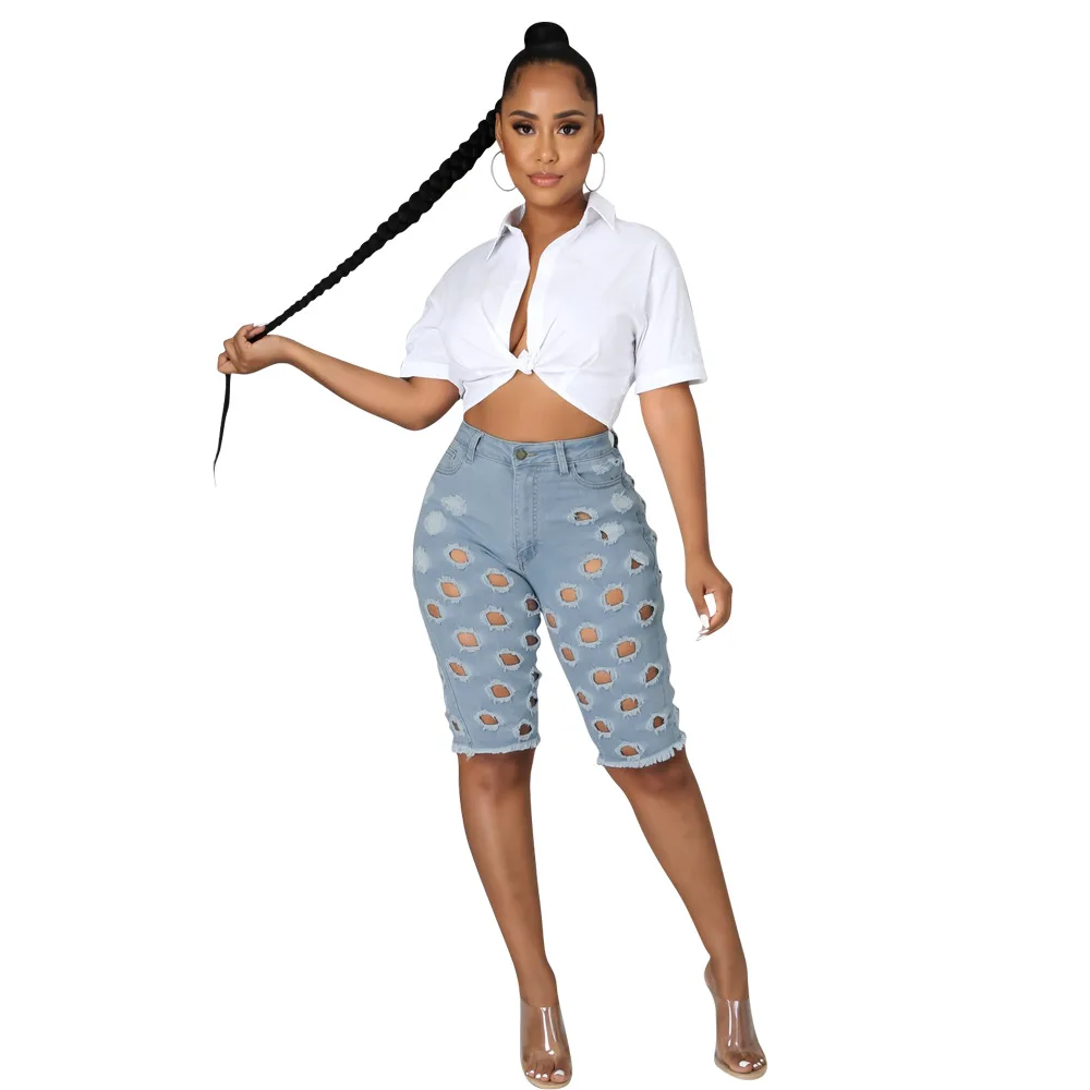 

2021 Summer Hottest Holes Women Jeans High Waist Hollow Out Knee Length Denim Shorts Fashion Jeans Casual Trousers