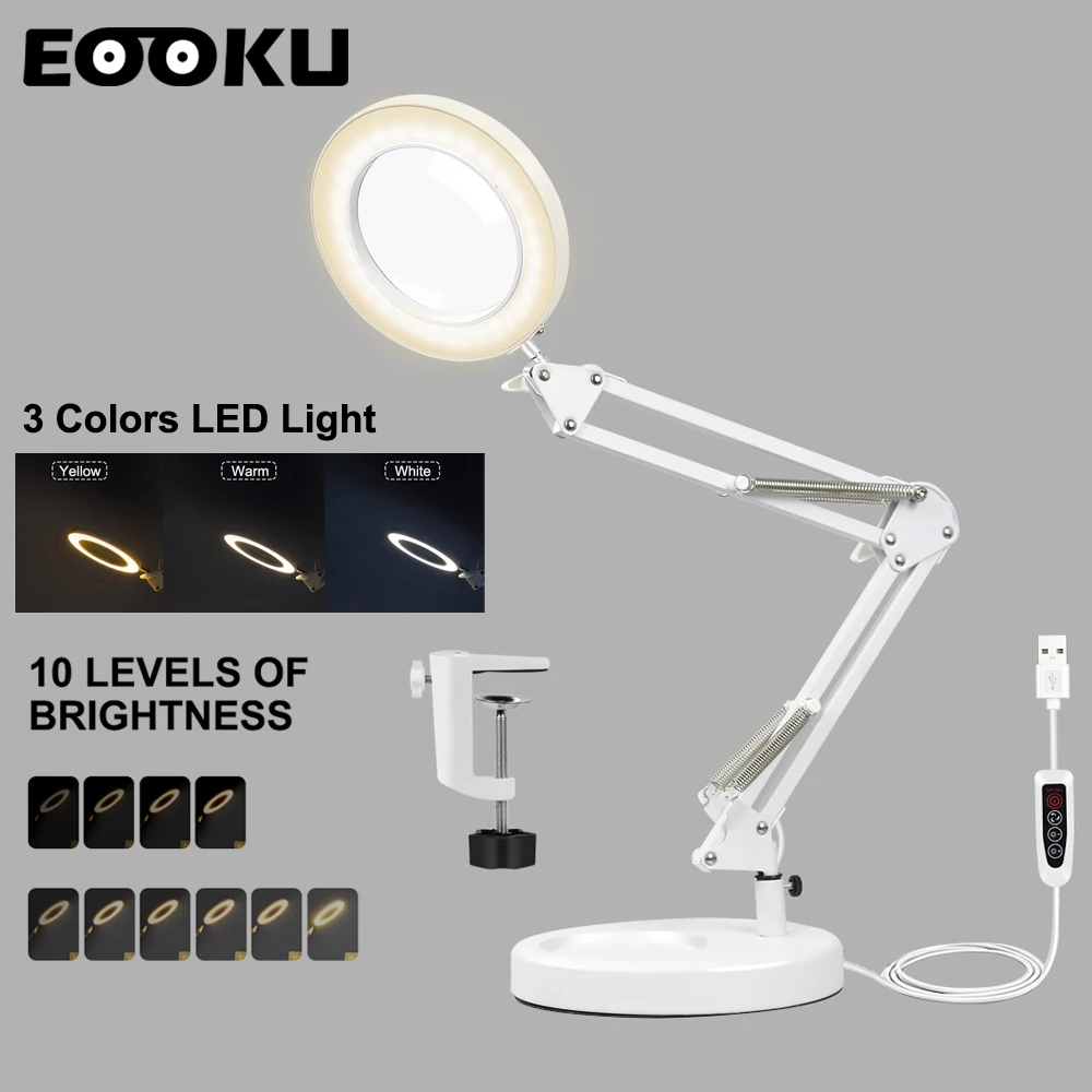 

EOOKU USB 8W Table Lamp with 5X Magnifying Glass Desk Light Non-Slip Clip 3-Colors LED Light for Reading/Working/Inspection