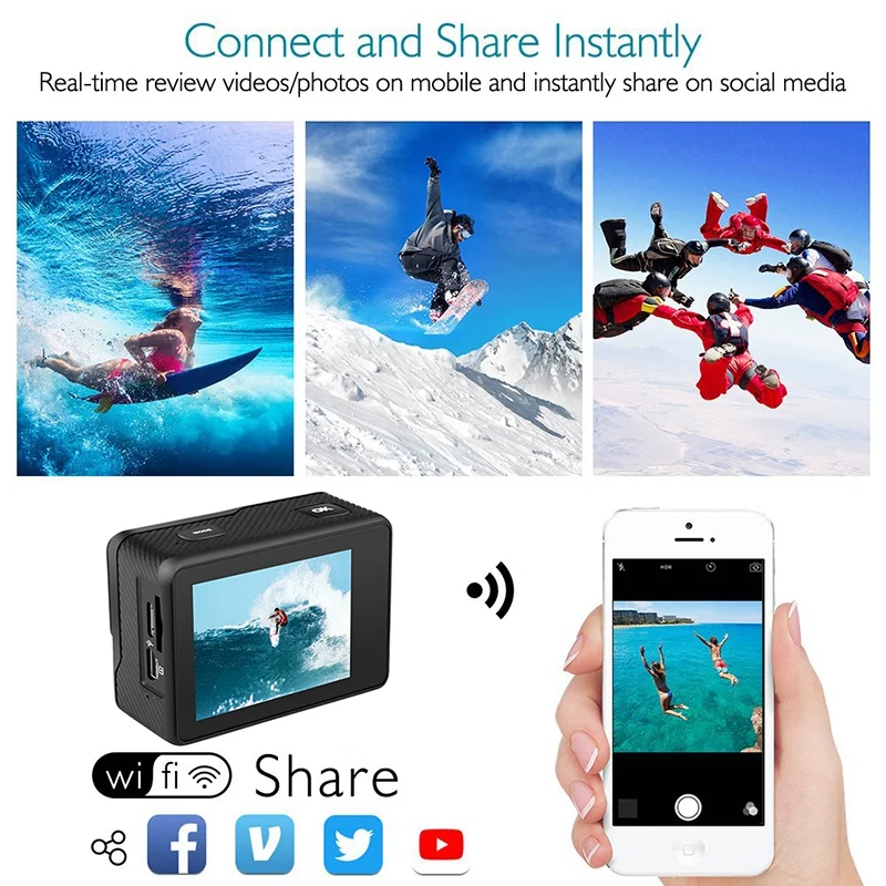 Новая Экшн камера UHD WiFi EIS с чипом 4K/60Fps подводный 30M шлем видео запись s Спортивная