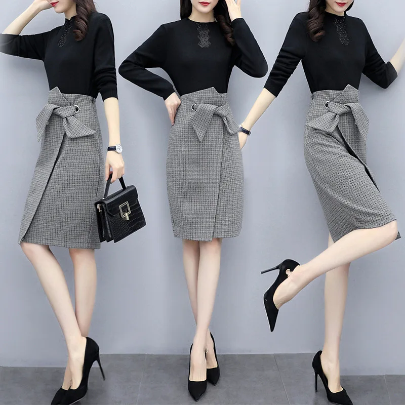 

Spring 2020 collection waist knitted sweater + hip skirt women's suit
