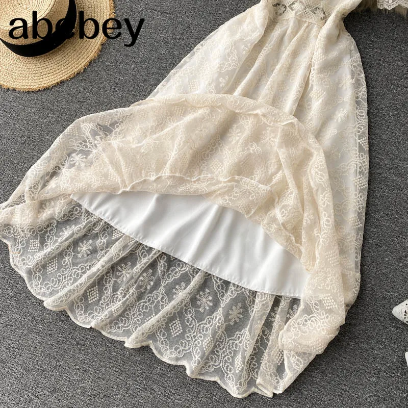 

Women Lace Hollow Embroidery dress Square Collar short puff sleeve A line dresses summer Bohemian Beach long Dress
