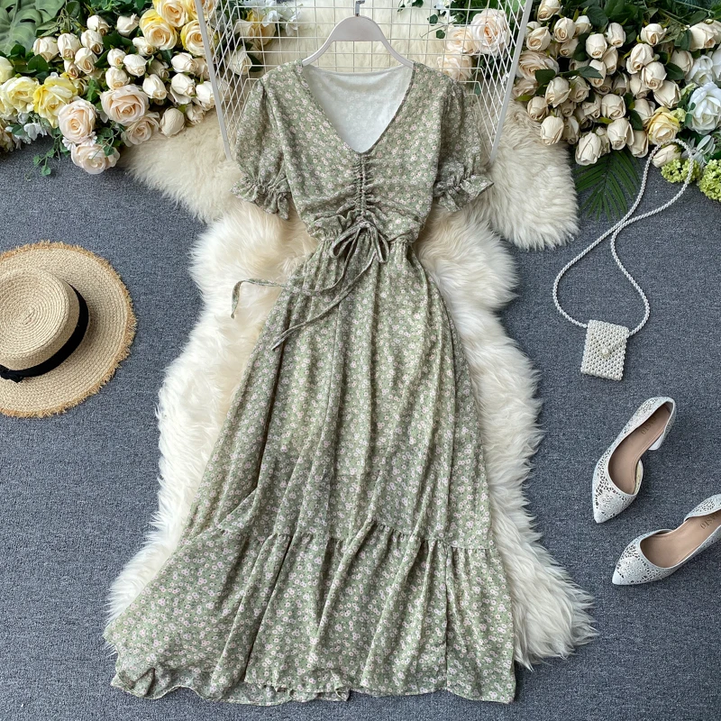 

Chiffon Floral Dress Female Summer Design Drawstring Pleated V-neck Vintage Knee Platycodon Grandiflorum Dress Puff Sleeve