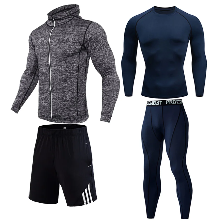 4-piece suit11 Зимний Открытый костюм для бега полный мужской спортивный костюм Фитнес Компрессионные колготки спортивный костюм толстовка рубашка для бега леггинсы для спортзала спортивная одежда - Цвет: 4-piece suit11