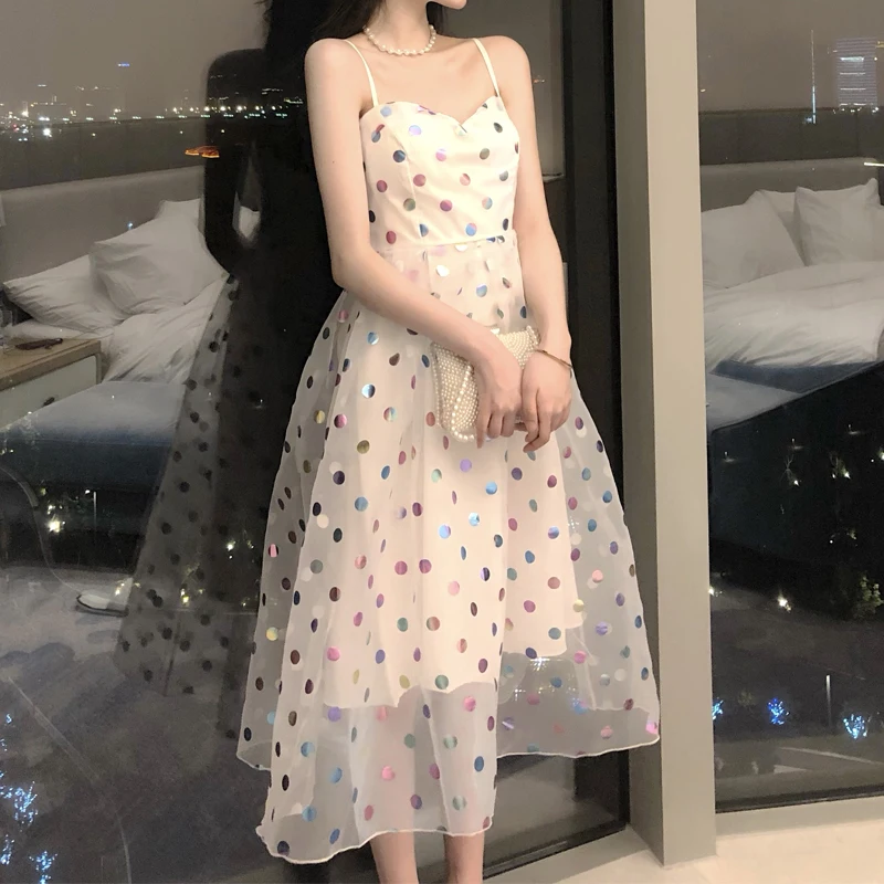 Женское платье с блестками ТРАПЕЦИЕВИДНОЕ ПЛАТЬЕ до колен на бретелях-спагетти