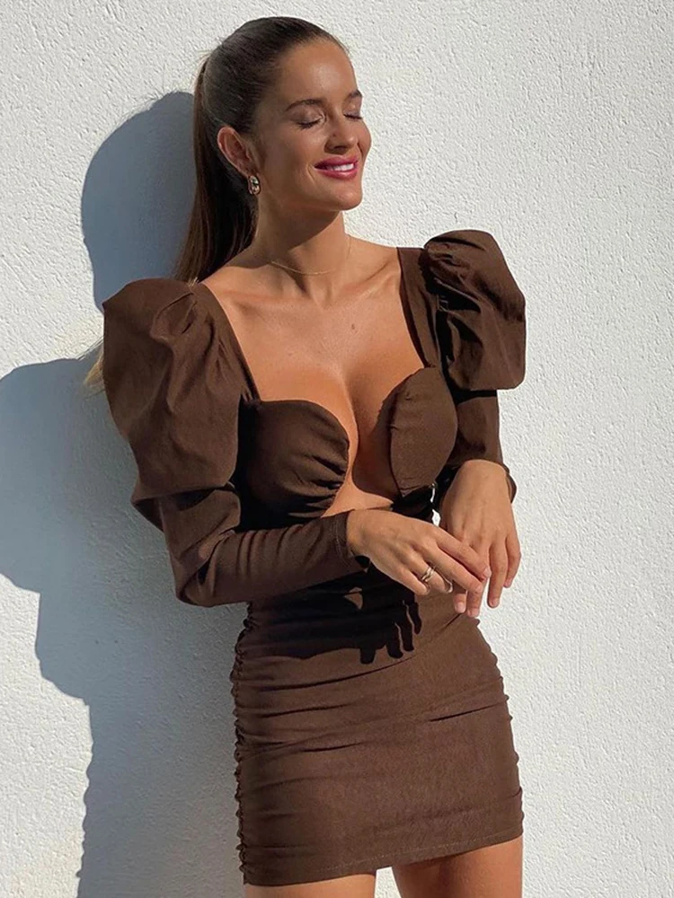 

Sexy hollow V-neck bubble long-sleeved dress 2021 new autumn women's brown tight-fitting club party mini dress Vestidos