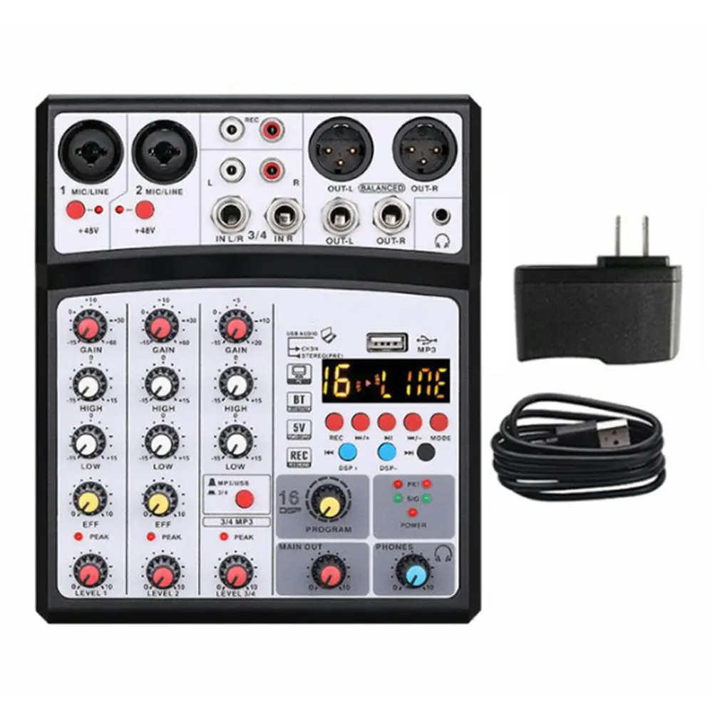 

4 Channels Audio Sound Mixer Mixing DJ Console USB with 48V Phantom Power 16 DSP Effects