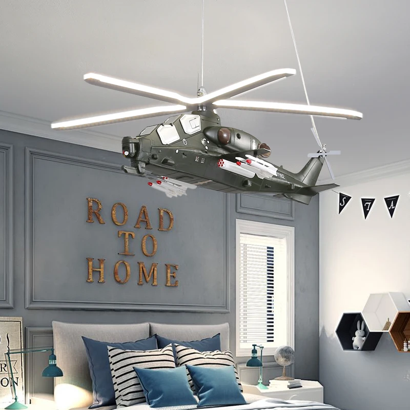 

2021 New Helicopter Chandeliers Children's Room Bedroom Lights Boys Room Pendant Lights Military Fans Wuzhi 10 Aircraft Lights