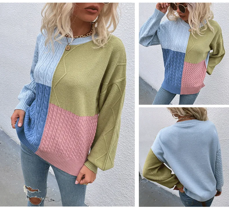 

New Products for Autumn and Winter Women's 2021 Twist Lantern Sleeves Square Stitching Contrast Color Sweater Sweater Women