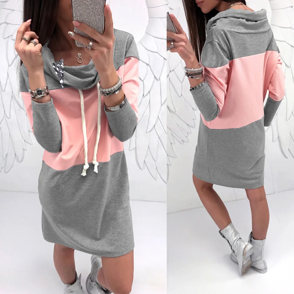 2020 Women Spring Bow Neck Dress Fashion Casual Long Sleeve Loose Grey Pink Patchwork Dresses Female Autumn Clothing