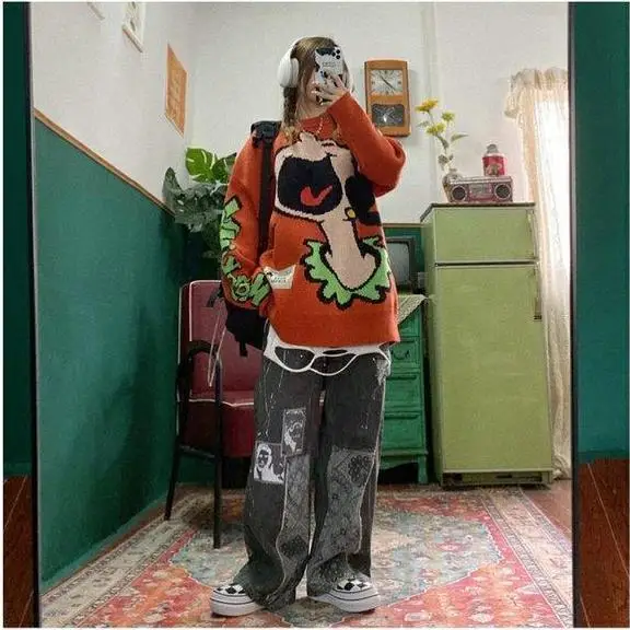 

Casual Women Loose Vintage Female Pants Women Harajuku Baggy Jeans Womens Pants Casual Funny Gothic Pants Summer Jeans fashion