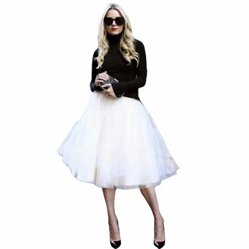 

New Puff Women Chiffon Tulle Skirt White faldas High waist Midi Knee Length Chiffon plus size Grunge Jupe Female Tutu Skirts