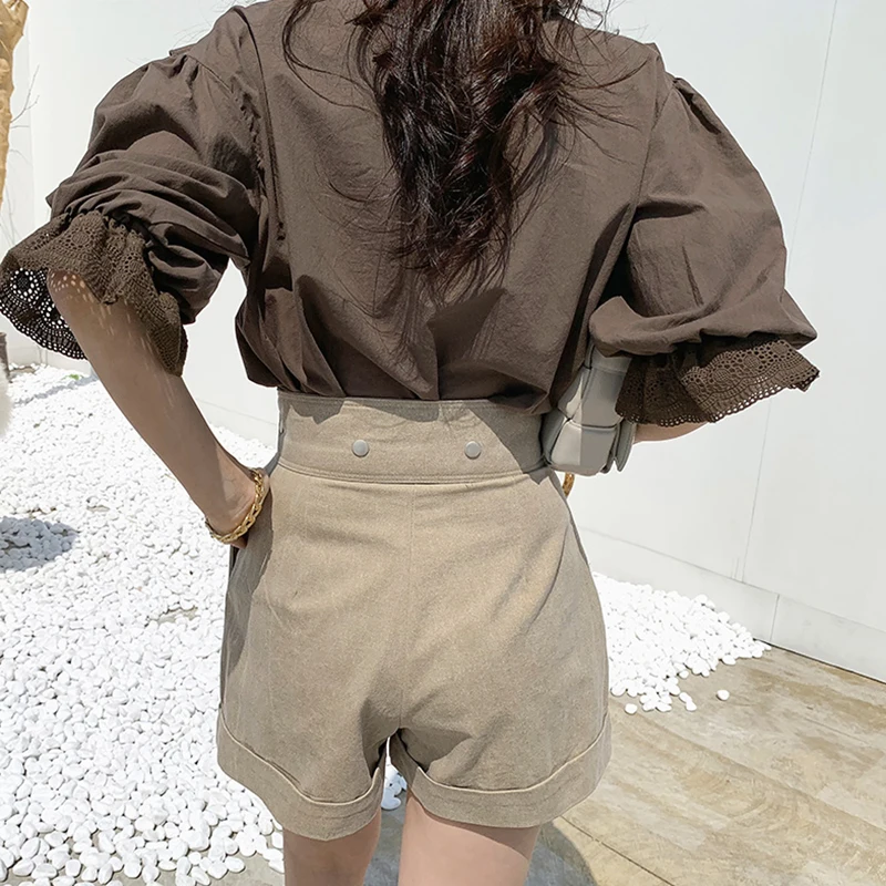 

GALCAUR Solid Shirt For Women V Neck Puff Short Sleeve Loose Ruffled Lace Patchwork Blouses Females Fashion Clothing 2021 Summer