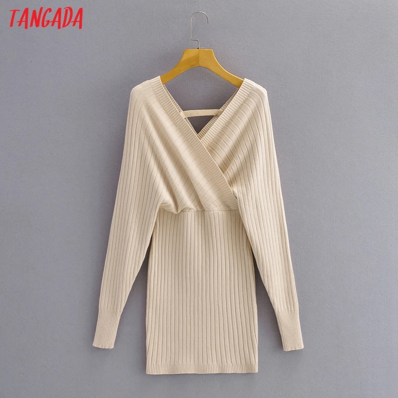 

Tangada Fashion Women Solid Off Shoulder Sweater Dress Loose Long Sleeve V Neck Ladies Mini Dress 1F306