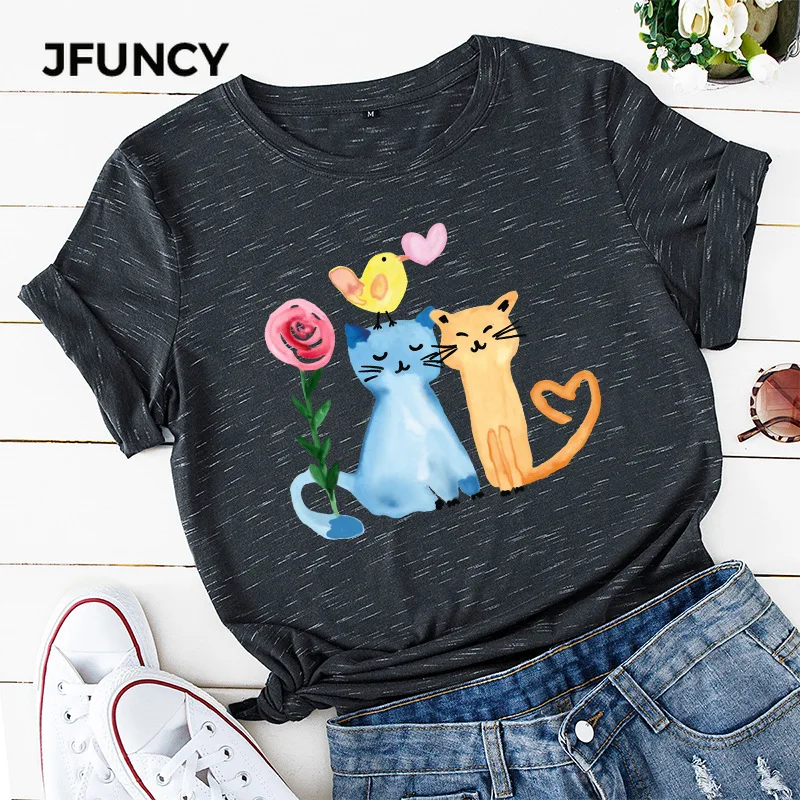 JFUNCY 100% Cotton Women's Tshirt Oil Painting Happy Cats Printed Shirts Summer  Short Sleeve Woman Tees Tops Dropship