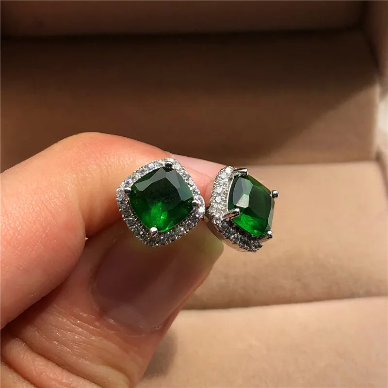 Silver Green Роскошные женские хрустальные серьги с зеленым камнем модное серебряное обручальное кольцо из розового золота серьги винтажные Двойные серьги-гвоздики для женщин - Окраска металла: Silver Green