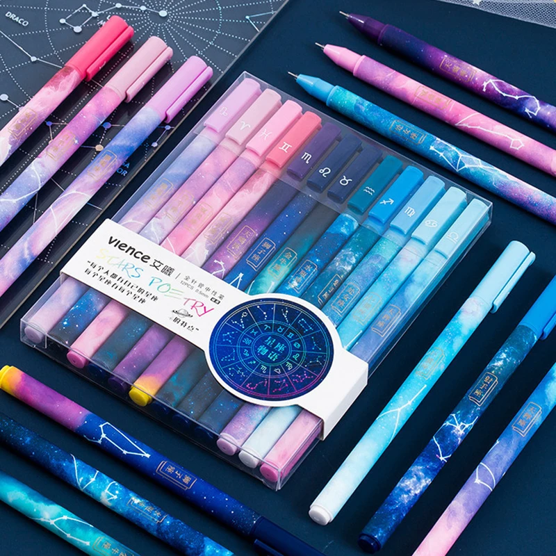 

New Hot 12pcs/Set Gel Pen Stationery Constellations Pattern Student School Office Pull Cap Ink 0.5mm Fine Nib Gel Pens