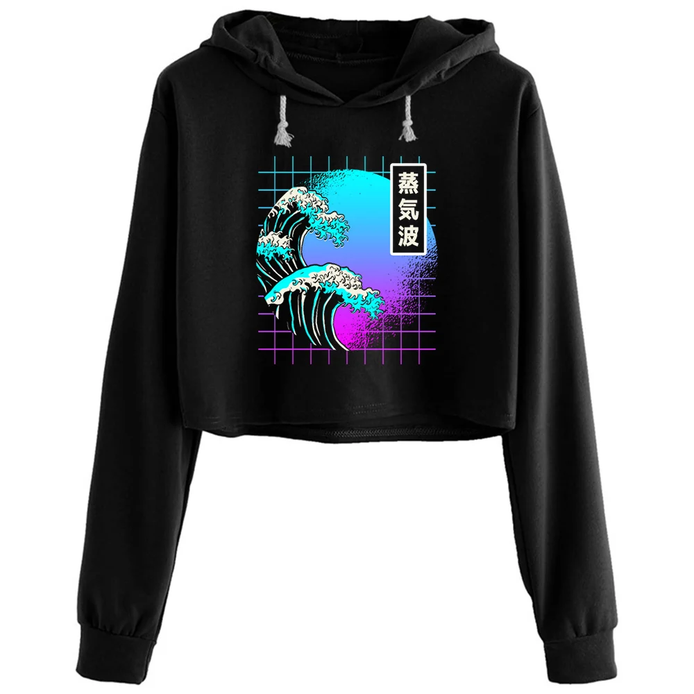 

Aesthetic Vaporwave Great Wave Of Kanagawa Japan Crop Hoodies Women Goth Grunge Harajuku Anime Pullover For Girls