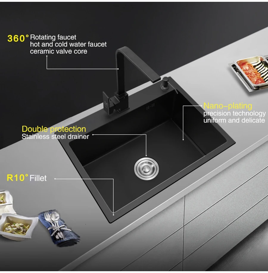 Kitchen sink black technology 304 stainless steel simple manual sink sink sink basket and sewer pipe free delivery