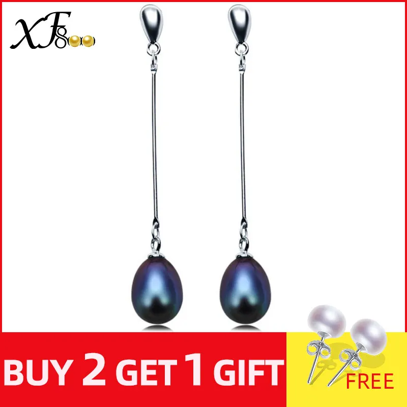 XF800 Natural Pearl Drop Earring Long Real Freshwater Black Dangle Earrings Fine Jewelry Party Gift For Women [E1002] | Украшения и