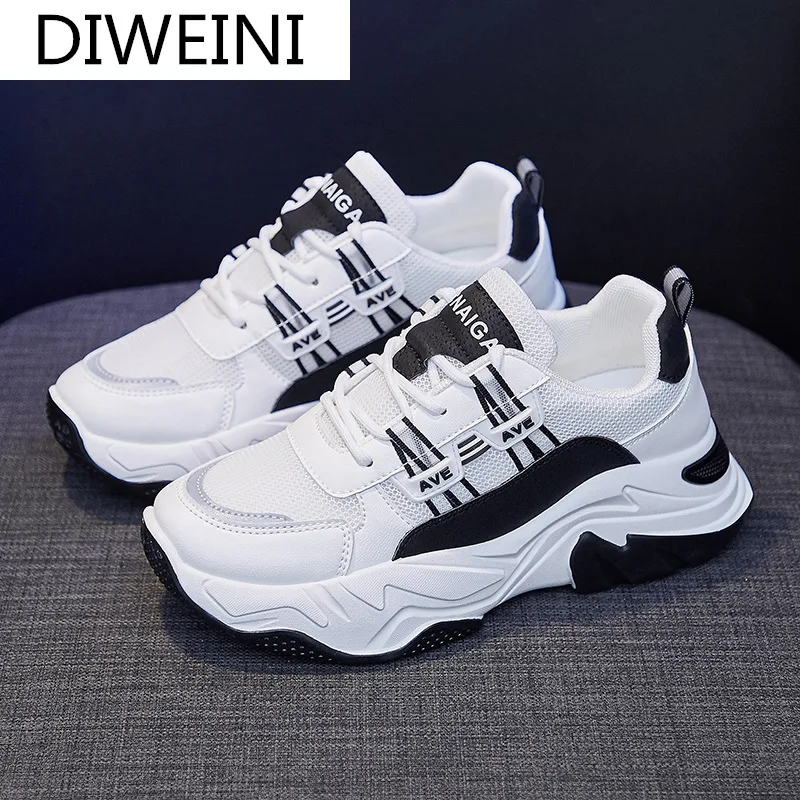 

2021 Women's Shoes Spring New Fashion Walking Platform Shoes Women's Mesh Breathable Sneakers Comfortable Lace-up Casual Shoes