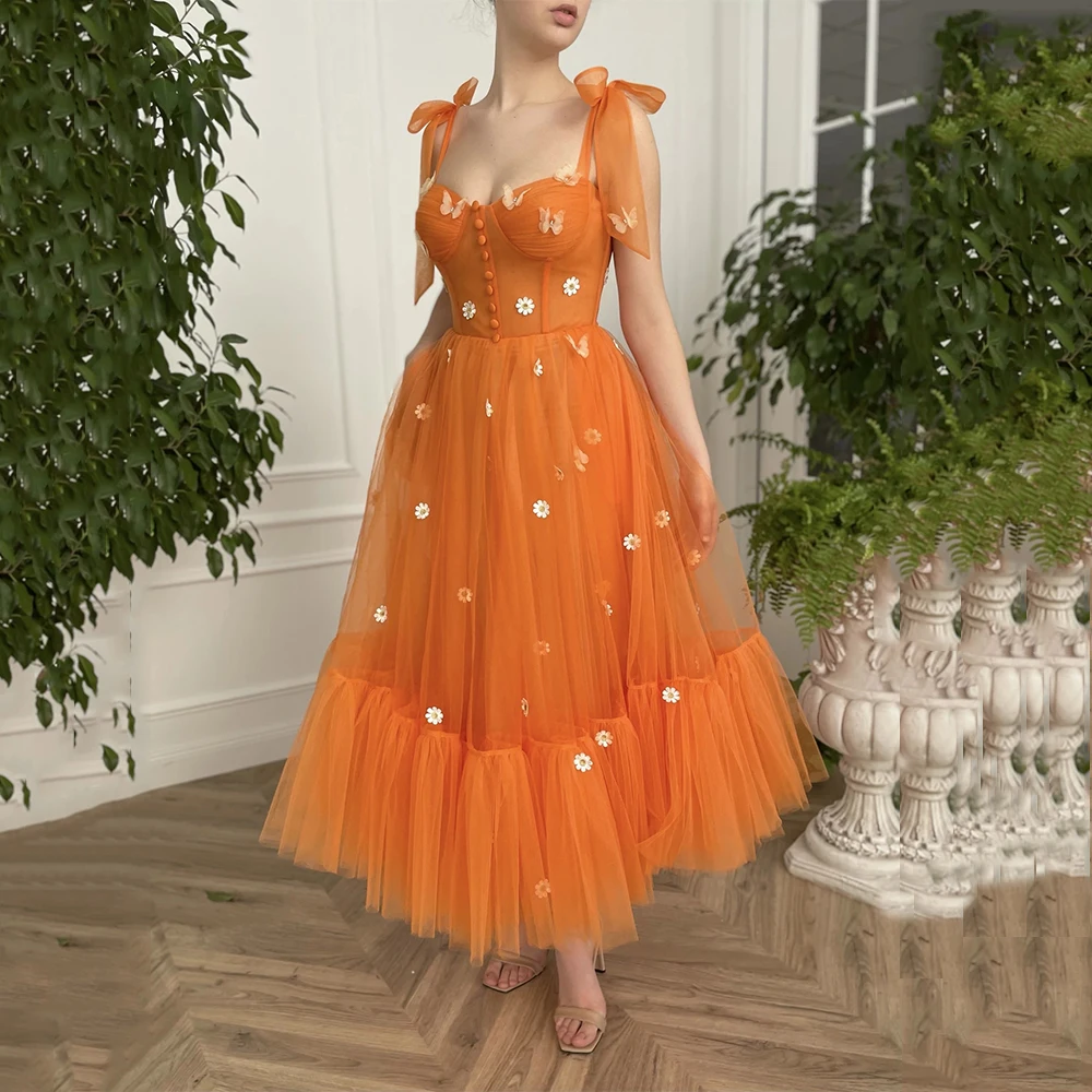 

Fashion Orange Party Dresses Sweetheart Sleeveless Little Flowers Butterfly Tulle A Line Ankle Length Prom Dress
