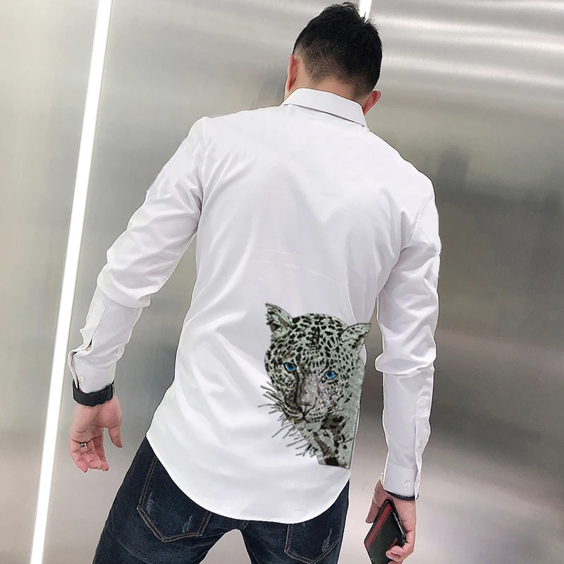 New Fashion Men's T-Shirt Lapel Spring And Summer Long-Sleeved Personality Rhinestone Business Office Formal