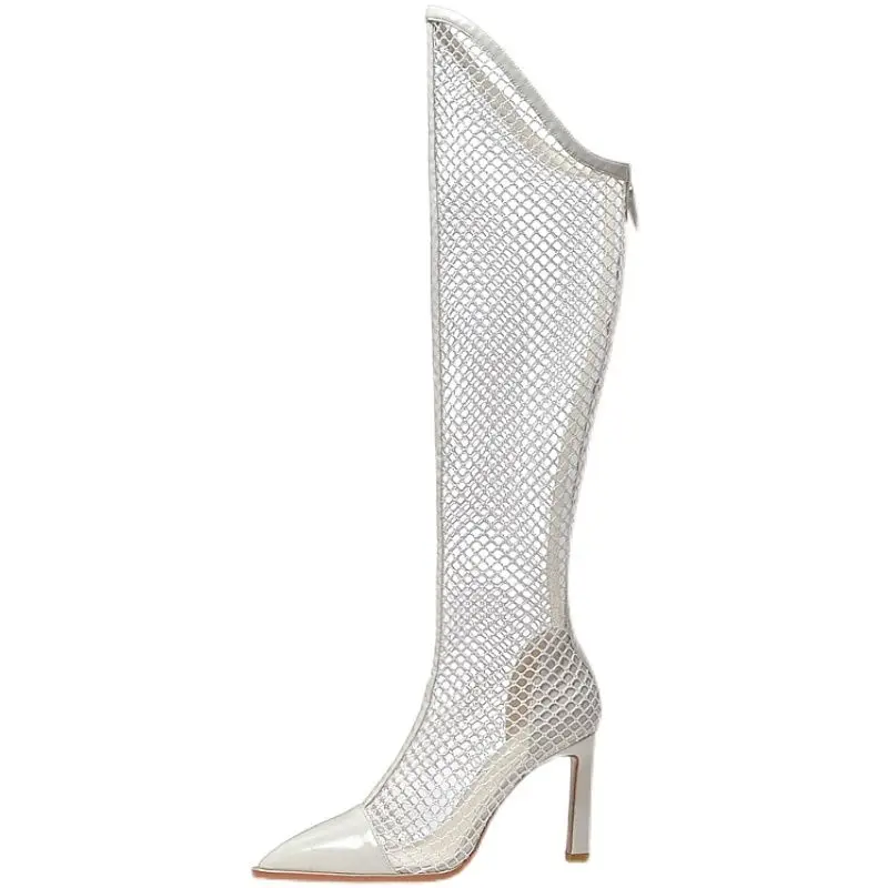 

Genuine Leather Women Knee High Boots,Hollow out Mesh Shoes,Pointed Toe Summer High Heels,Female Footware,BLACK,BEIGE,Dropship