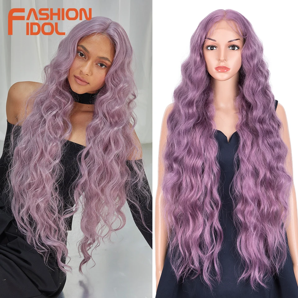 

FASHION IDOL 13X6 Lace Front Wigs For Women 36 Inch Heat Resistant Fiber Body Wave Baby Hair Wigs Purple Synthetic Wigs Cosplay