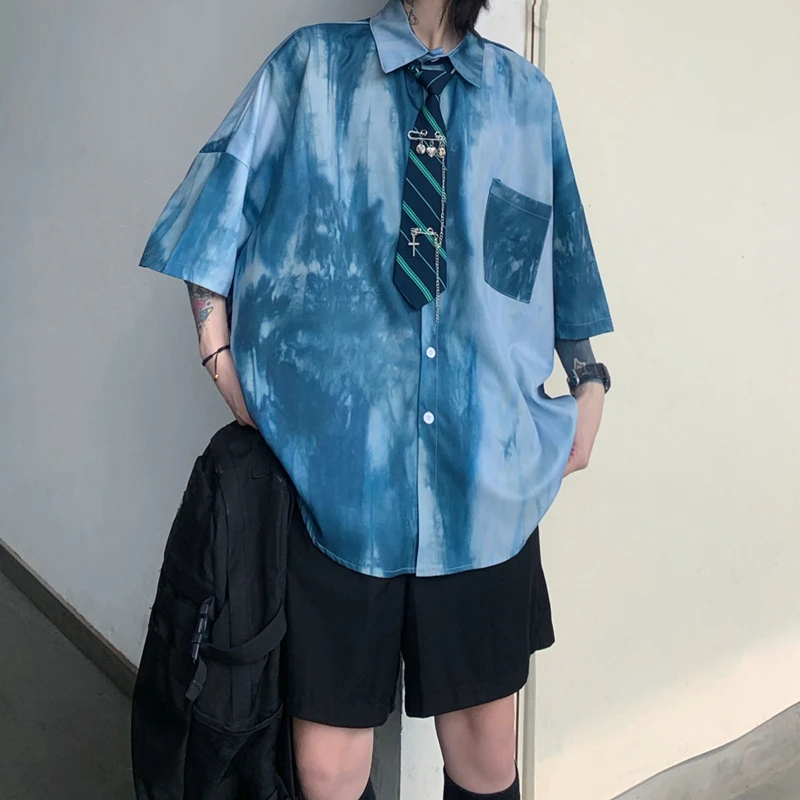 

ZCSMLL Summer Korean Vintage Women Tops Tie-dye Couple Shirt Casual Wild Loose Casual Short-sleeved Shirt Female Trend