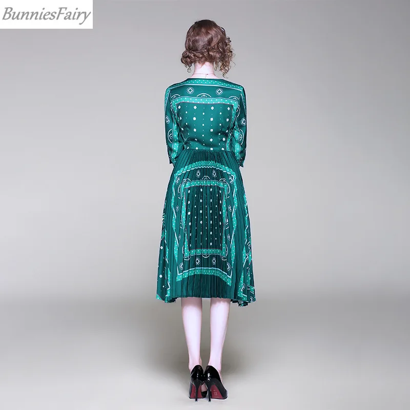 BunniesFairy 2019 Autumn New Women Elegant Vintage Retro Green Geometric Floral Print Pleated Dress V-neck Three Quarter Sleeve | Женская