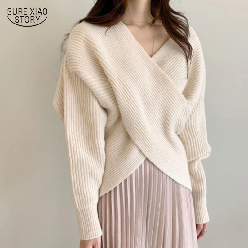 

Женский свободный свитер с V-образным вырезом, Осенний элегантный Однотонный женский свитер с длинным рукавом, теплый свитер, повседневный Топ, 2022