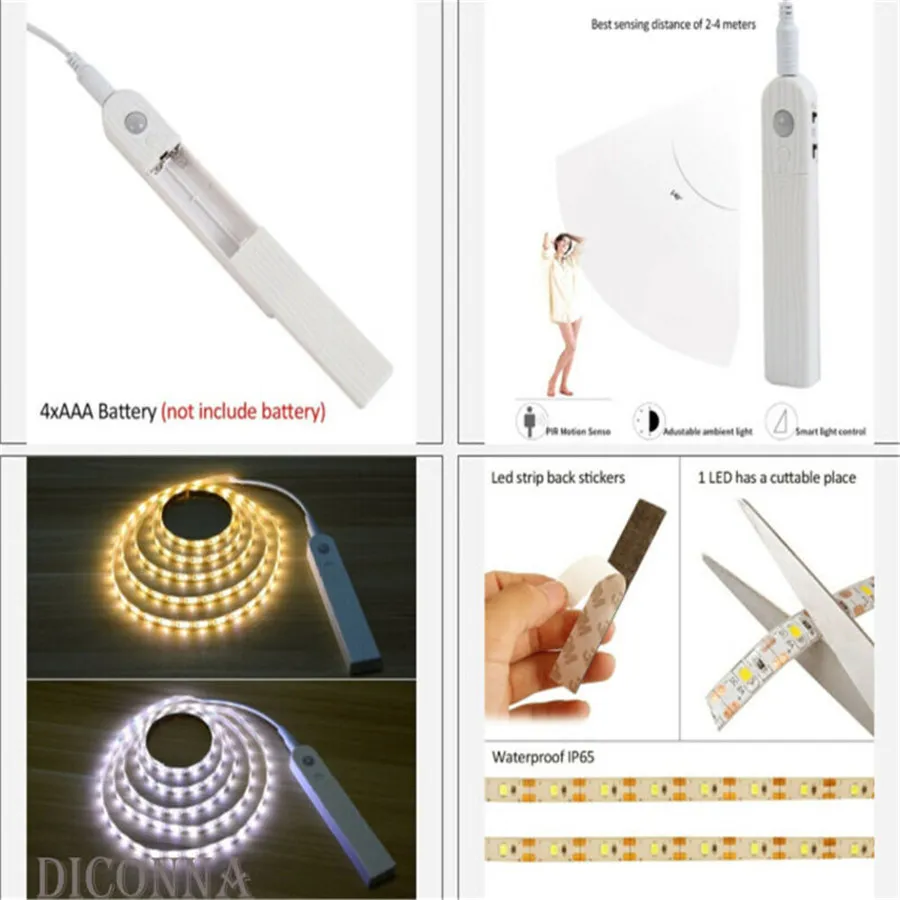 

1m 2m 3m Wireless PIR Motion Sensor LED Bed Closet Night light 5V 2835 LED Strip AAA Battery Power Flexiable lamp Illumination