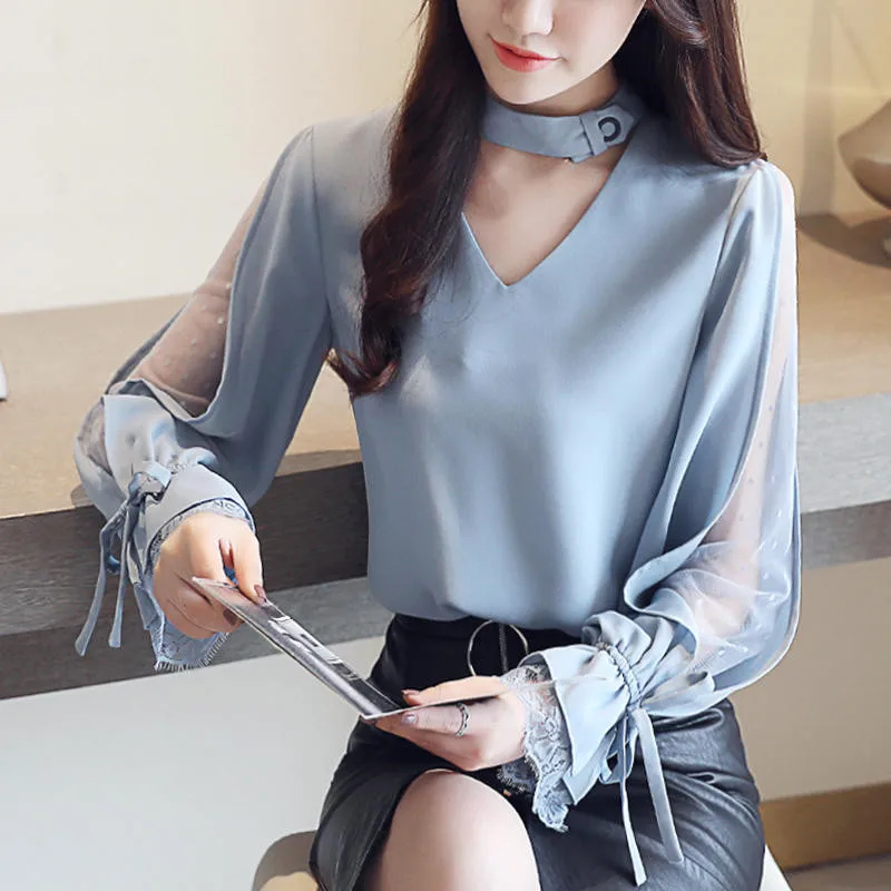 

Женская шифоновая блузка с длинным рукавом, элегантная повседневная блузка, модель Q4966 на весну и осень