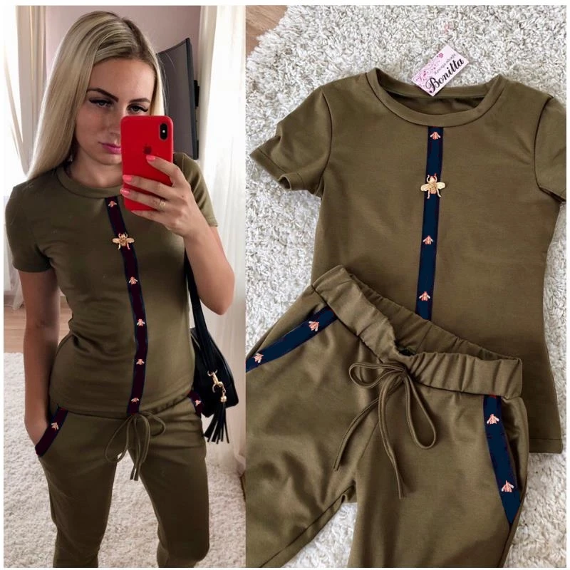 

New women short sleeve two piece set outfits suits print shirts tops+pants casual tracksuit sportwear Workout Matching Sets