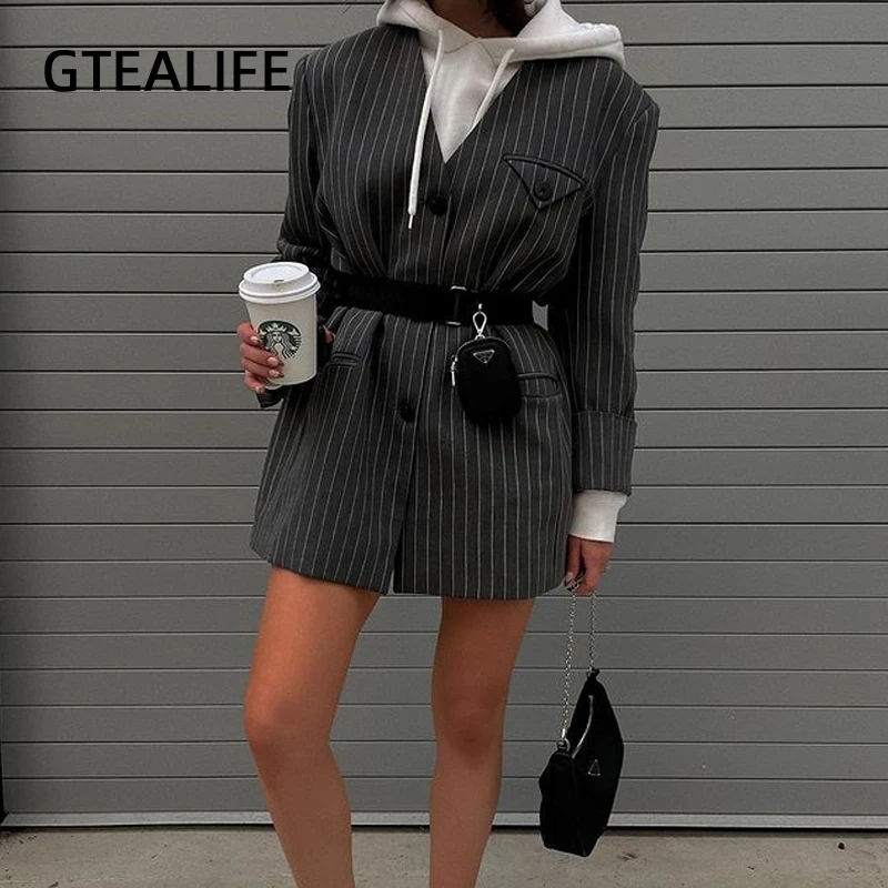 

GTEALIFE High Street Fall Winter Striped V Neck Long Sleeve Single-breasted Blazers Women Y2K Clothing Loose Jacket Outerwear