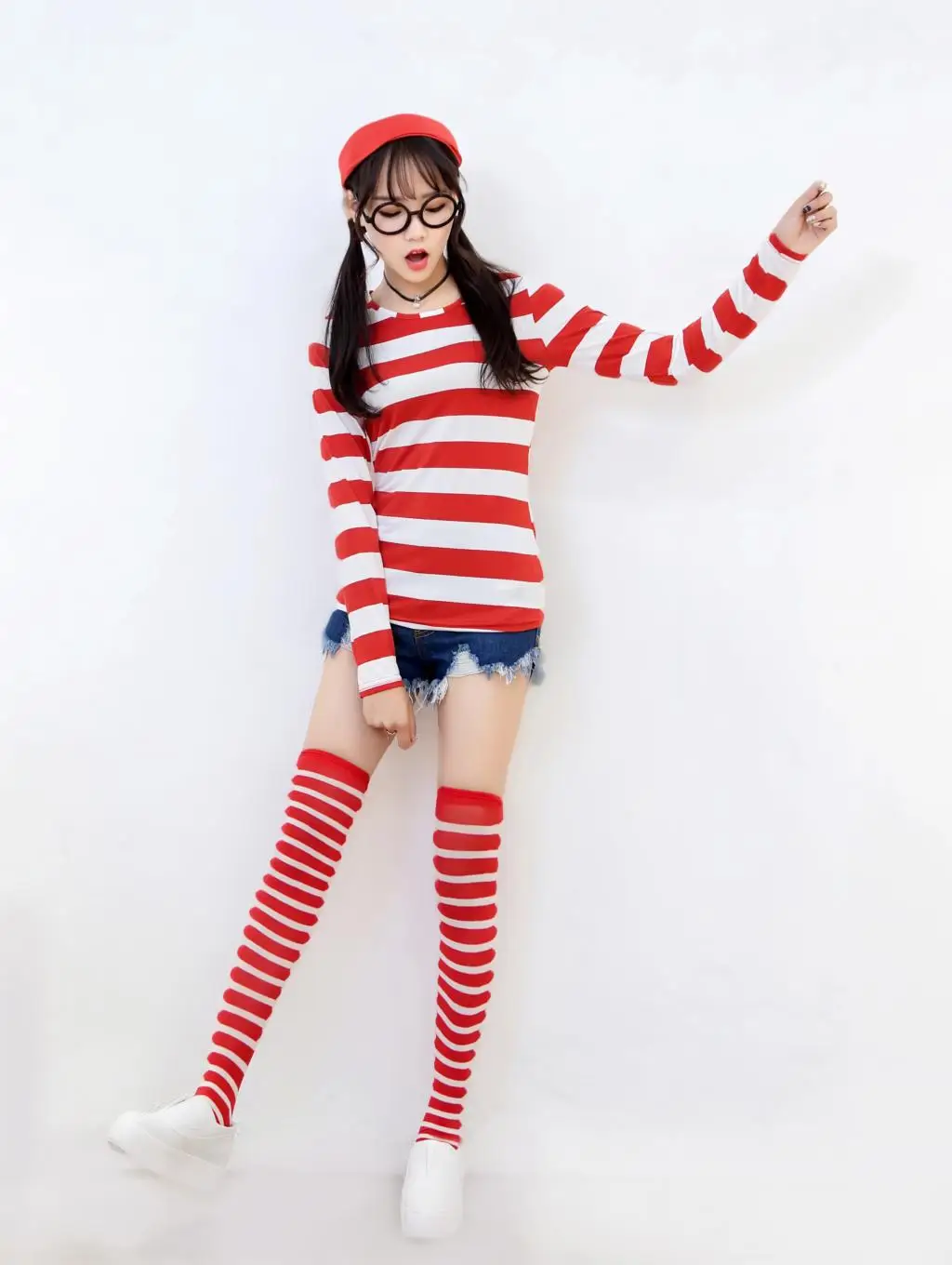 Where's Wally Wenda костюм рубашка в полоску + шляпа очки|Костюмы аниме| |