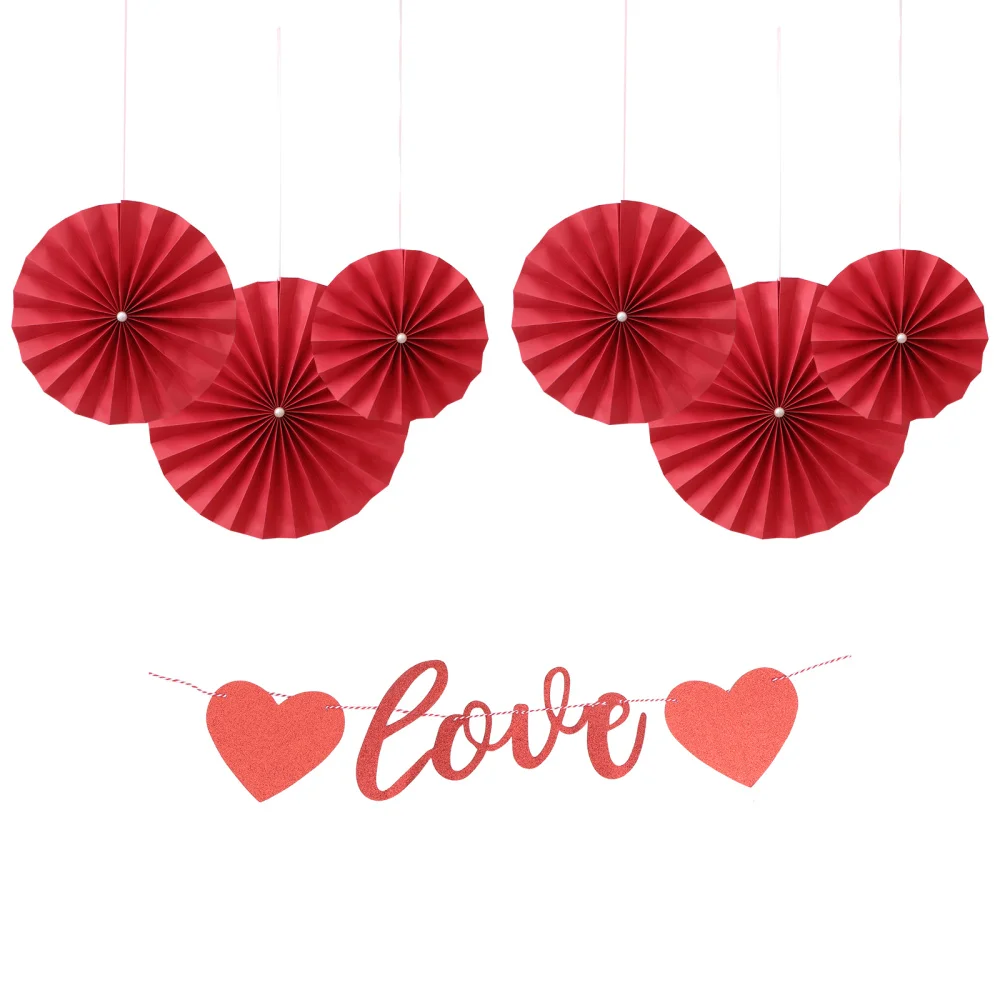 

7pcs Decorative Paper Fan Wedding Room Pendant New Year Room Ornament (Red)