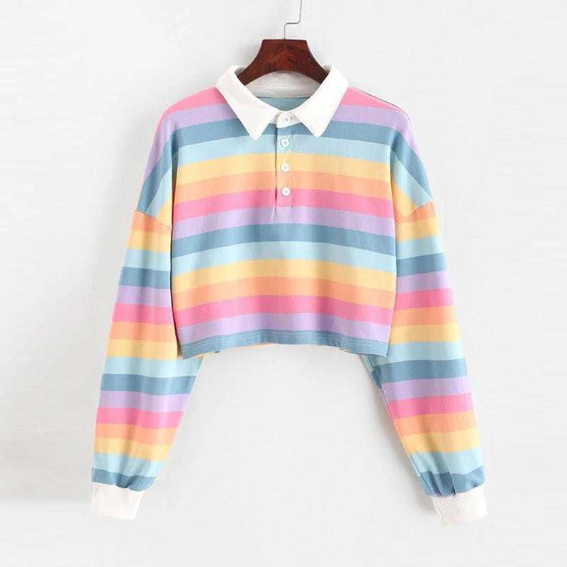 

2021 Rainbow Color Polo Shirt Women Sweatshirt Long Sleeve Ladies Hoodies With Button Striped Korean Style Sweatshirt Women
