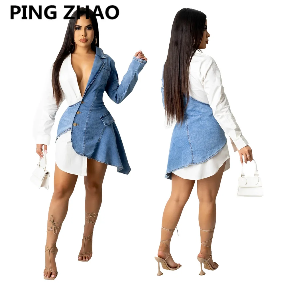 

PING ZHAO Women Mini Dress Casual Denim Patchwork Full Sleeve Turn-down Collar Single Breasted Asymmetrical Dresses