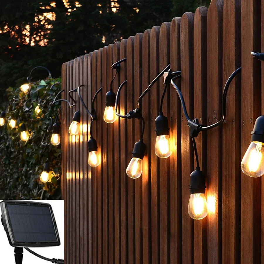 Commercial Graden Outdoor Solar String Lights with 15 Hanging 48 Ft Waterproof S14 Solar Hanging Light For Patio Garden Fence