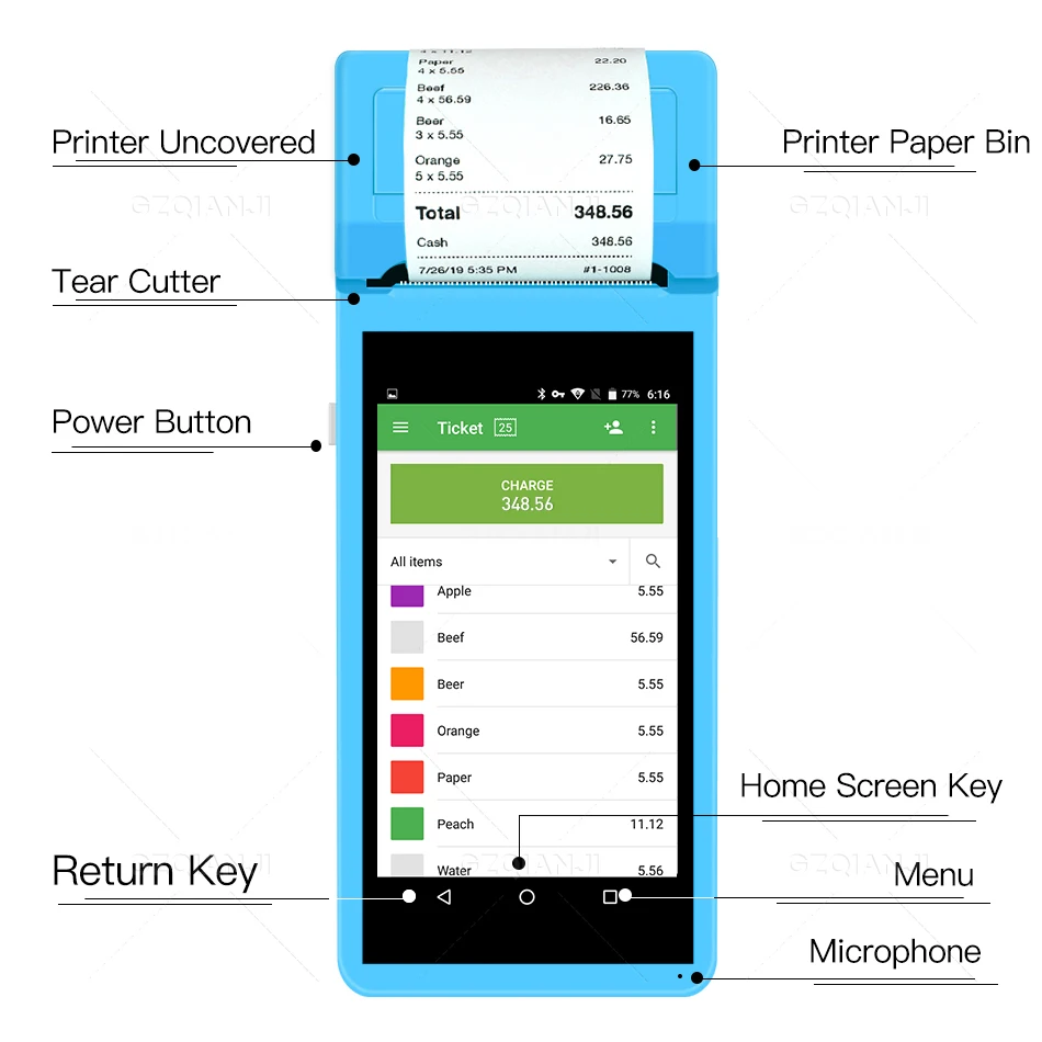 POS-терминал Android PDA с Wifi 3G термическим Bluetooth принтером 58 мм 1D 2D QR камерой штрих-код сканером бесплатным приложением Loyverse включен.