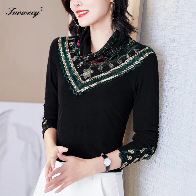 

2020 Autumn patchwork Women's Shirts black turtleneck long sleeve Button embroider Women Blouse Fashion 5XL Tide New