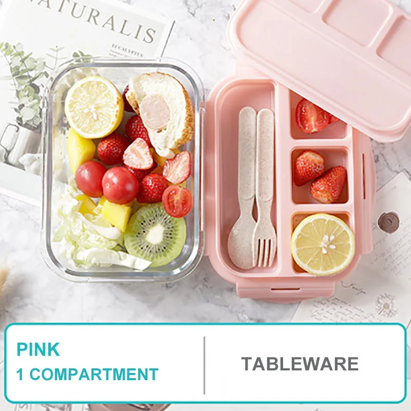 Baispo Ланч-бокс для детей стеклянный микроволновый Bento box контейнер для еды и отсек для хранения школы герметичный кухонный с подогревом - Цвет: Pink 1 compartment