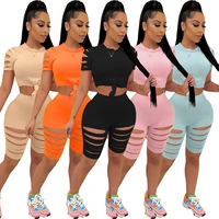 two piece set tracksuit summer women casual home skinny sexy hollow out short sleeve top and pants shorts suit sweatsuit outfits