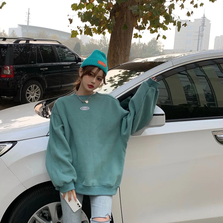 

XZ2914 New Korean version of green loose wild letter printing casual pullover round neck Sweatshirts women